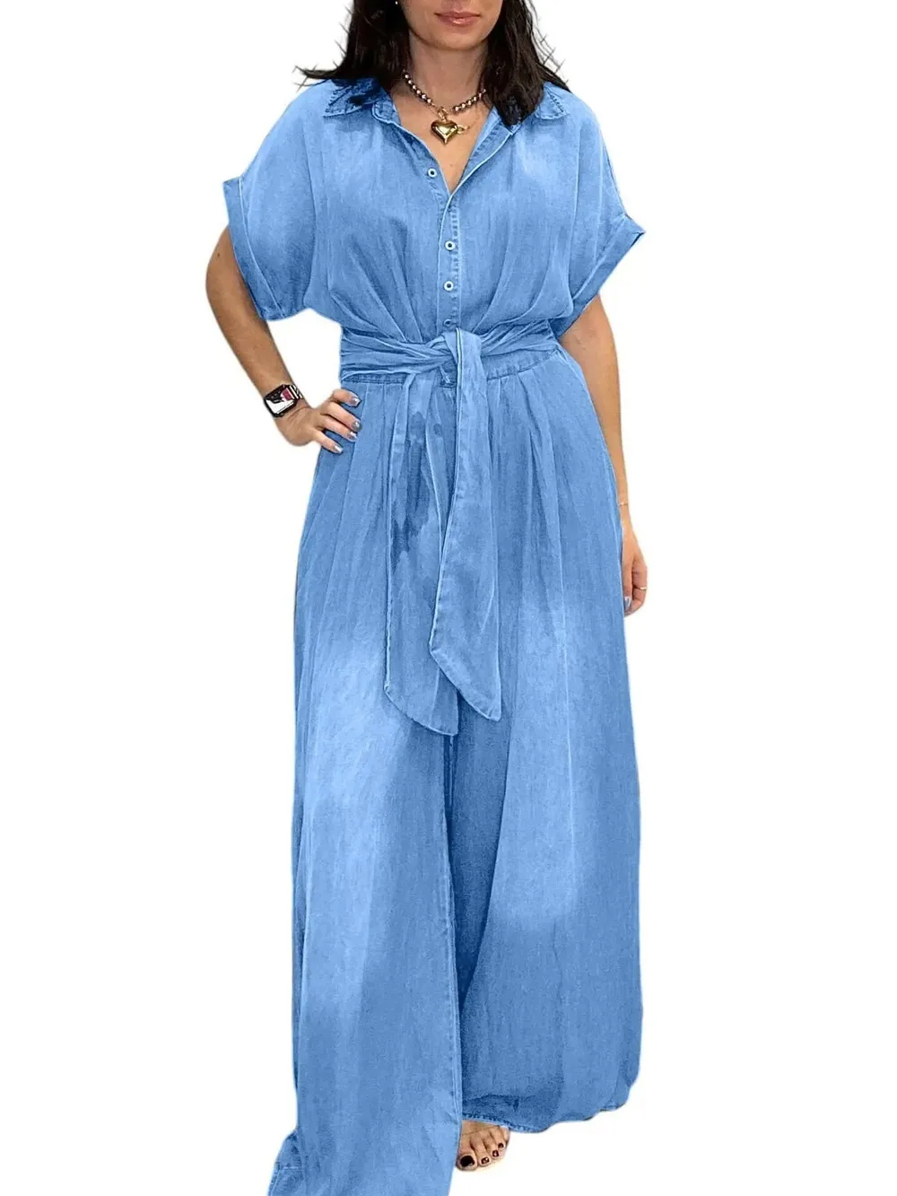 Button Front Wide Leg Denim Jumpsuit, image 9