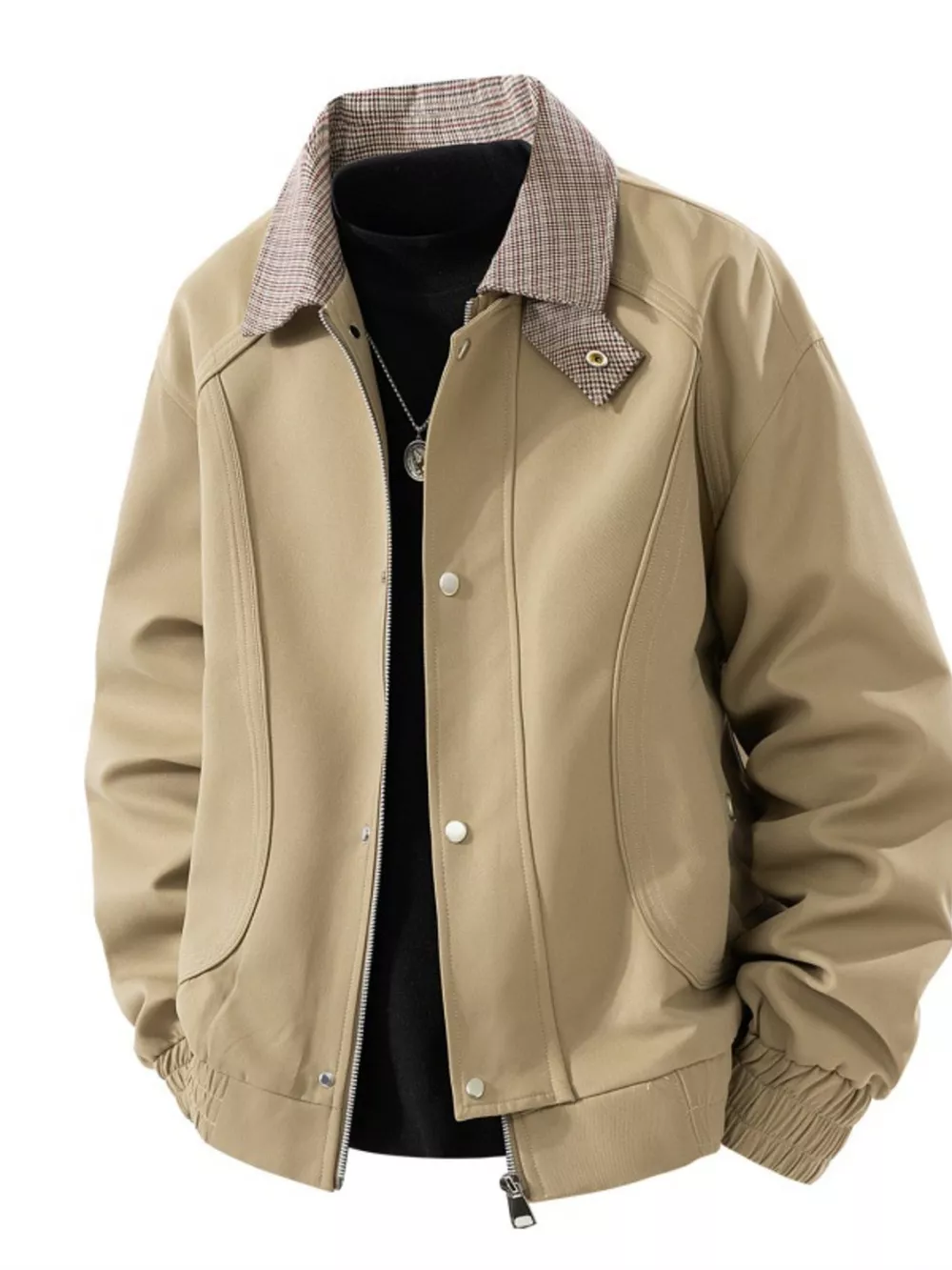 Men's Plus Size Casual Plaid Collar Zip Up Jacket, image 3