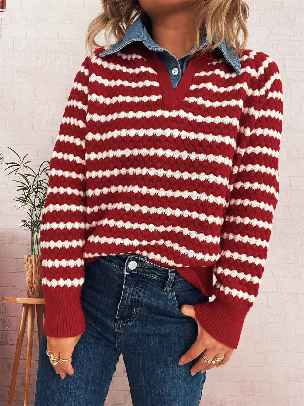 Contrast Striped Sweater with Denim Collar, image 6