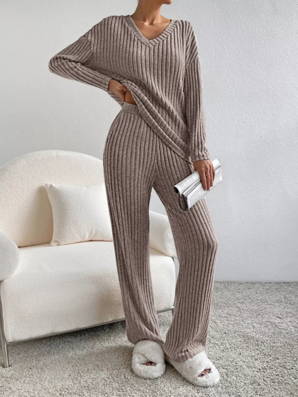 Ribbed Knit Long Sleeve Top and Pants Set, image 7