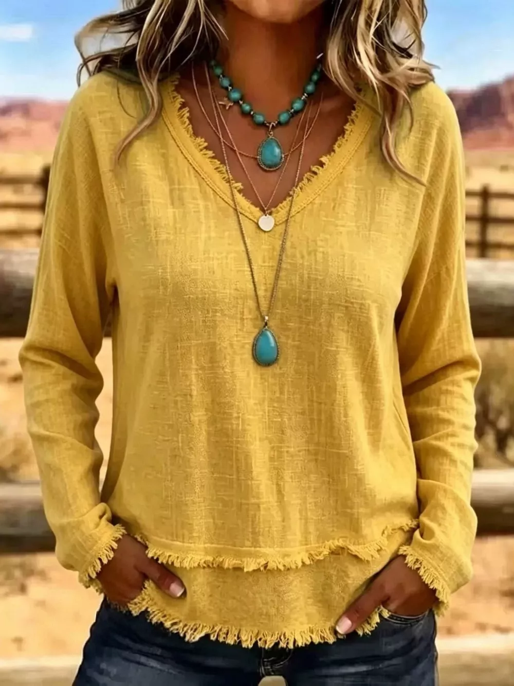 V-Neck Long Sleeve Blouse with Frayed Hem Detail, image 21