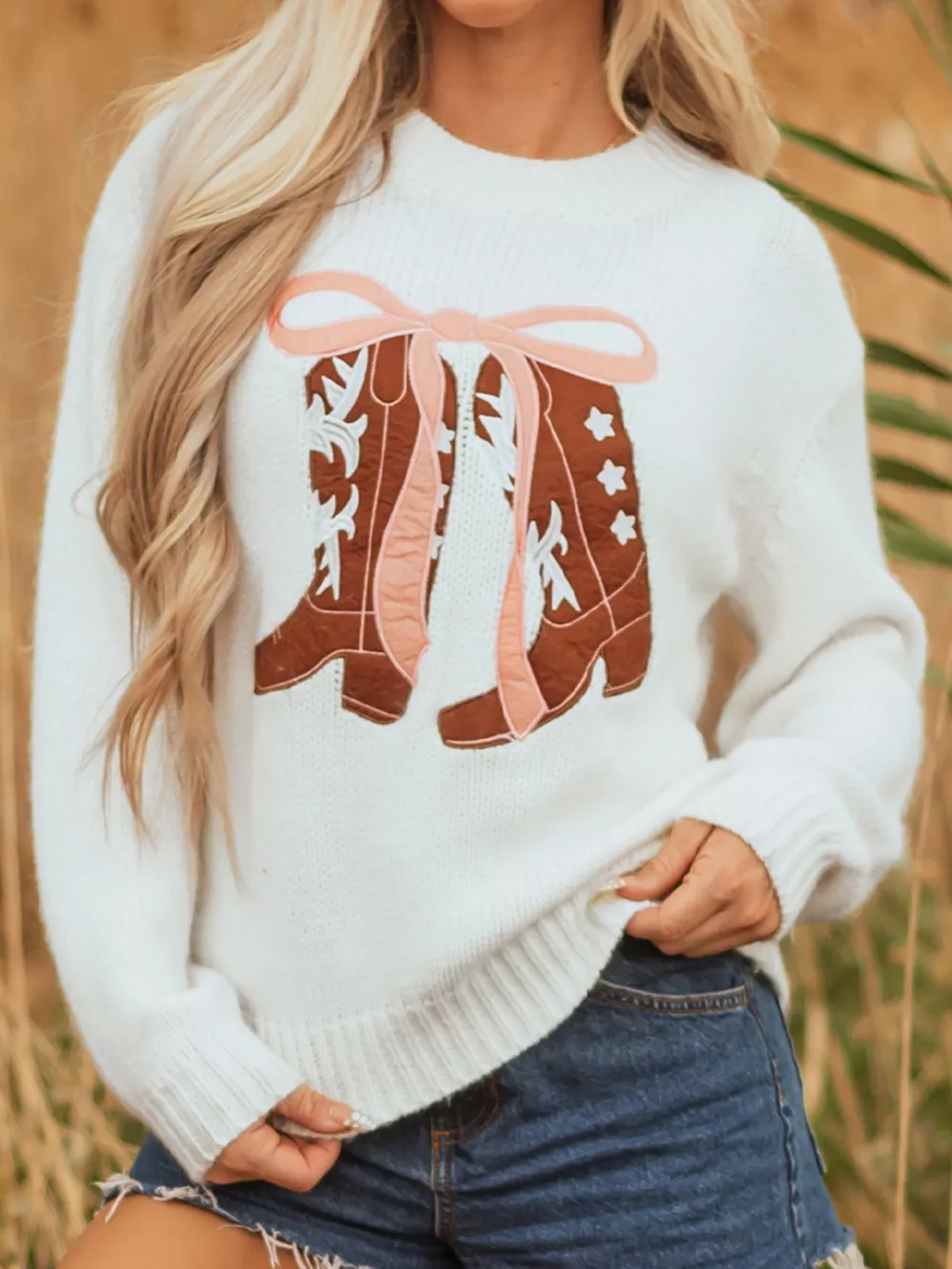 Embroidered Bow Boots Graphic Drop Shoulder Sweater, image 5