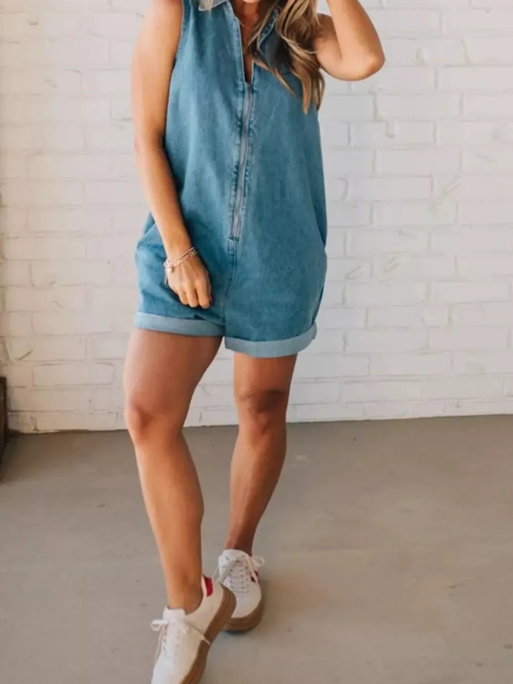 Sleeveless Zip-Up Denim Romper, image 5