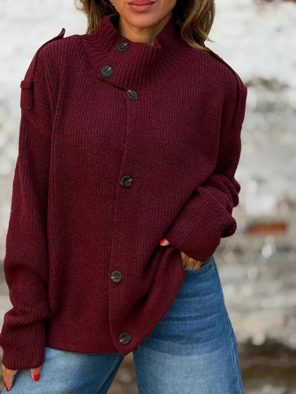 Full Size Button-Up Mock Neck Cardigan Plus Size, image 15