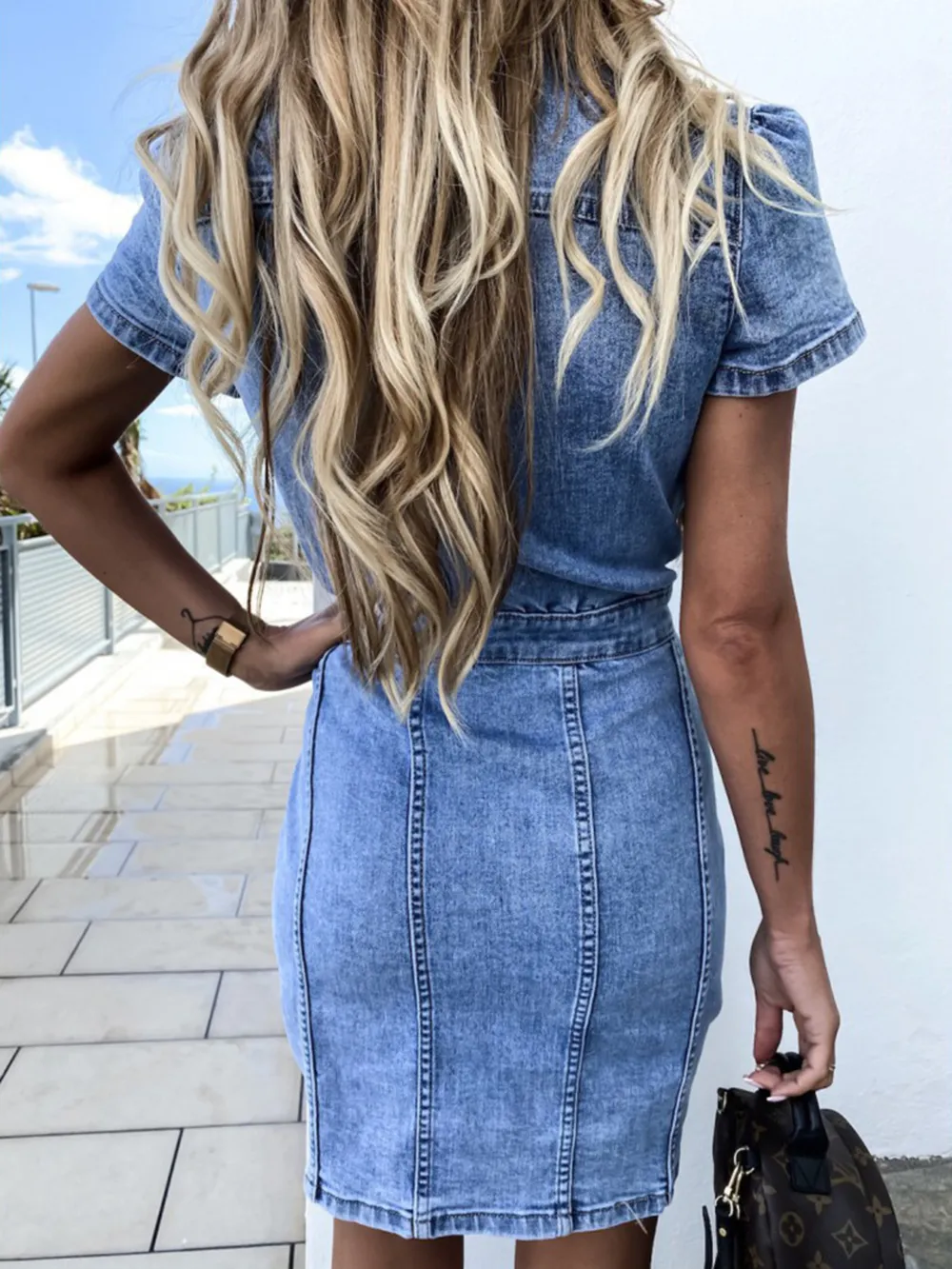 Button Front Short Sleeve Denim Dress, image 2