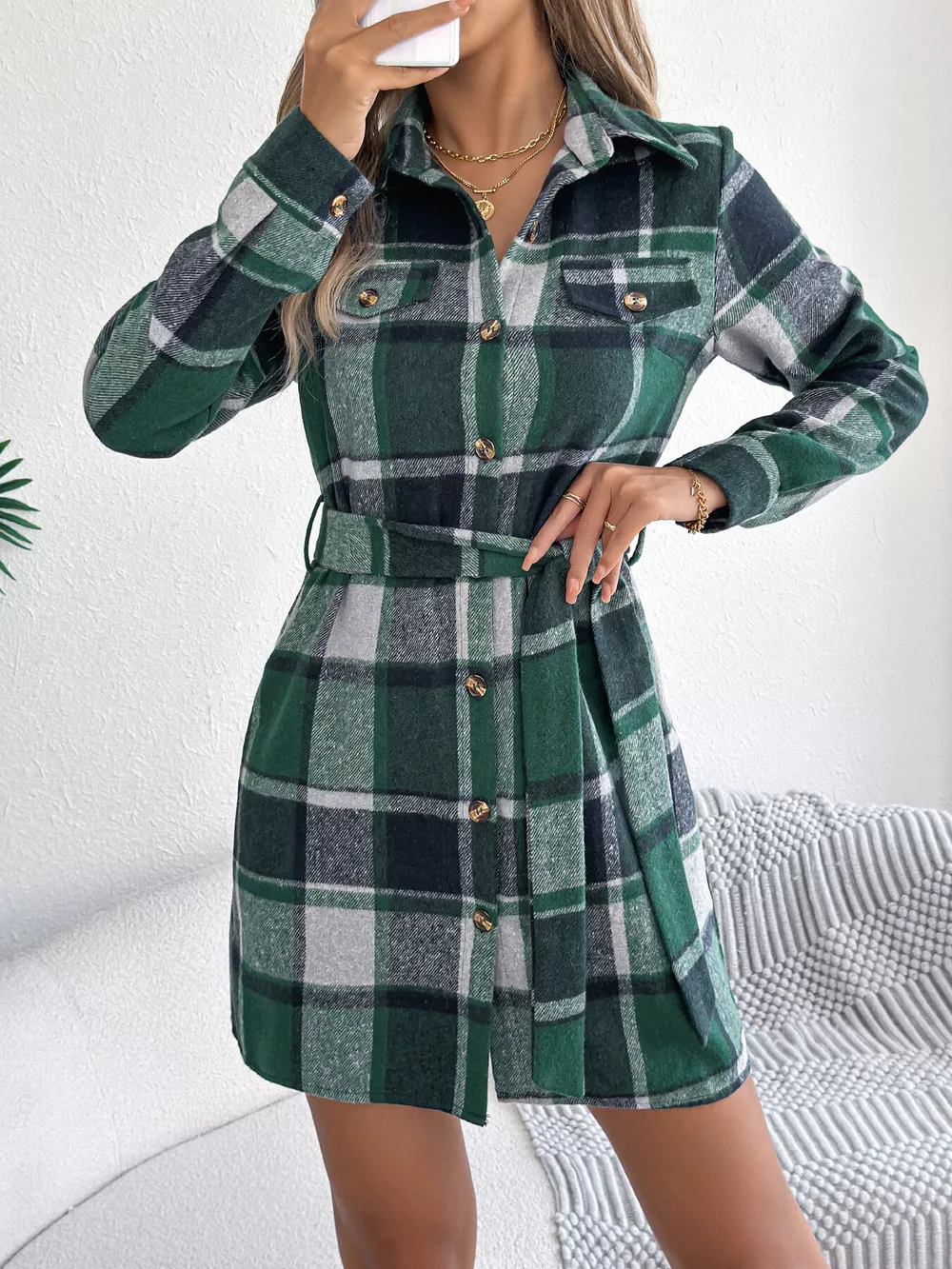 Plaid Button Front Tie Waist Shirt Dress, image 4