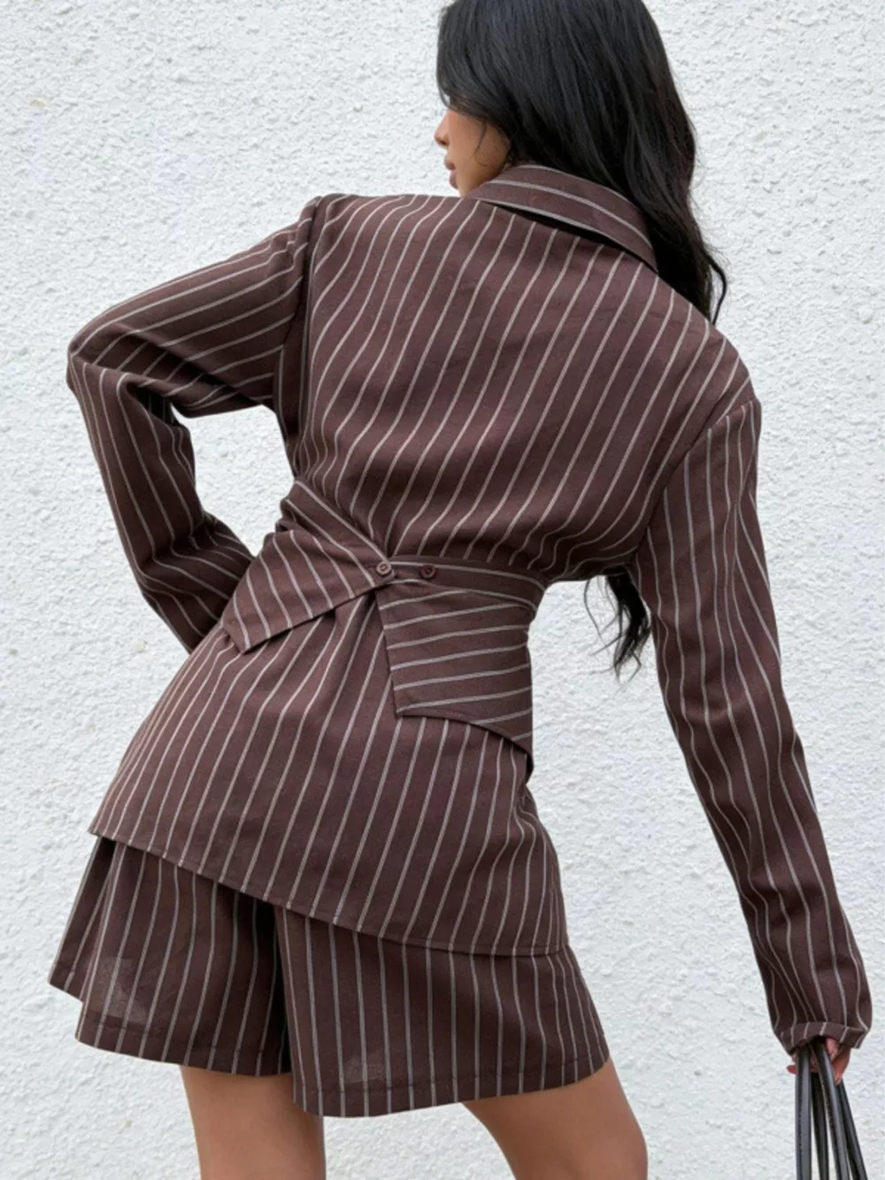 Striped Long-Sleeve Wrap Shirt and Shorts Two-Piece Set, image 4