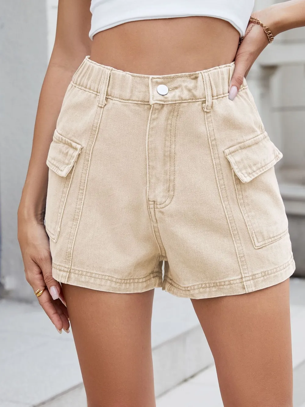 High Waist Cargo Denim Shorts, image 5