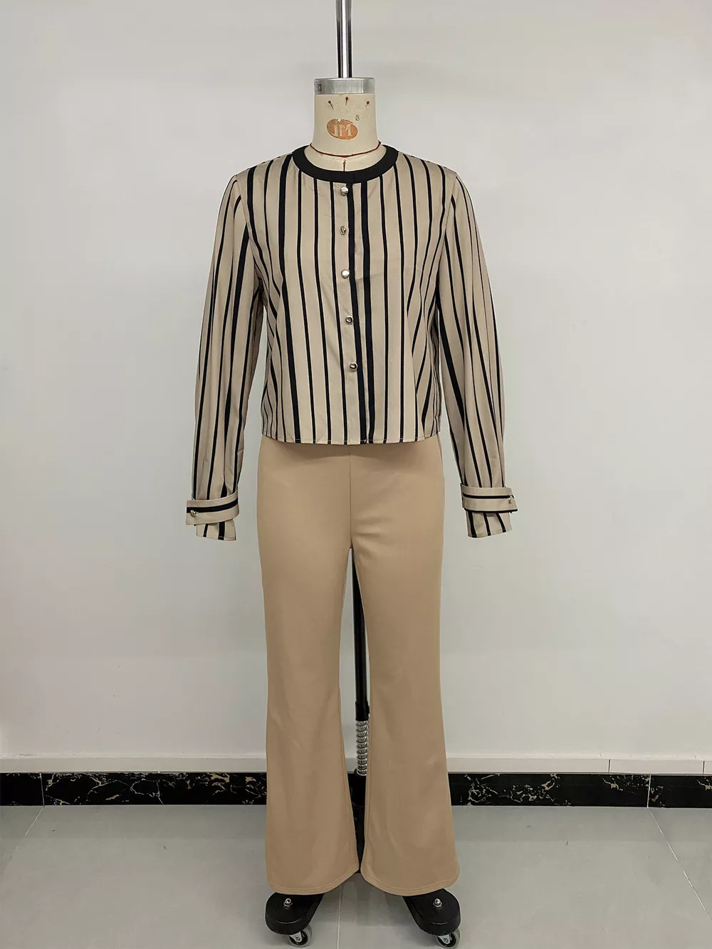 Striped Button-Down Shirt and High-Waisted Flare Pants Set, image 17