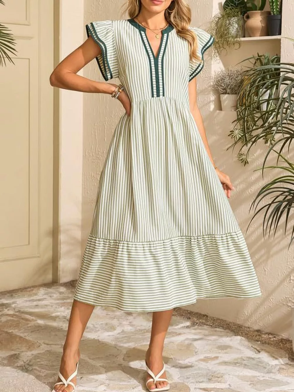 Striped Notched Ruffle Sleeve Dress, image 13