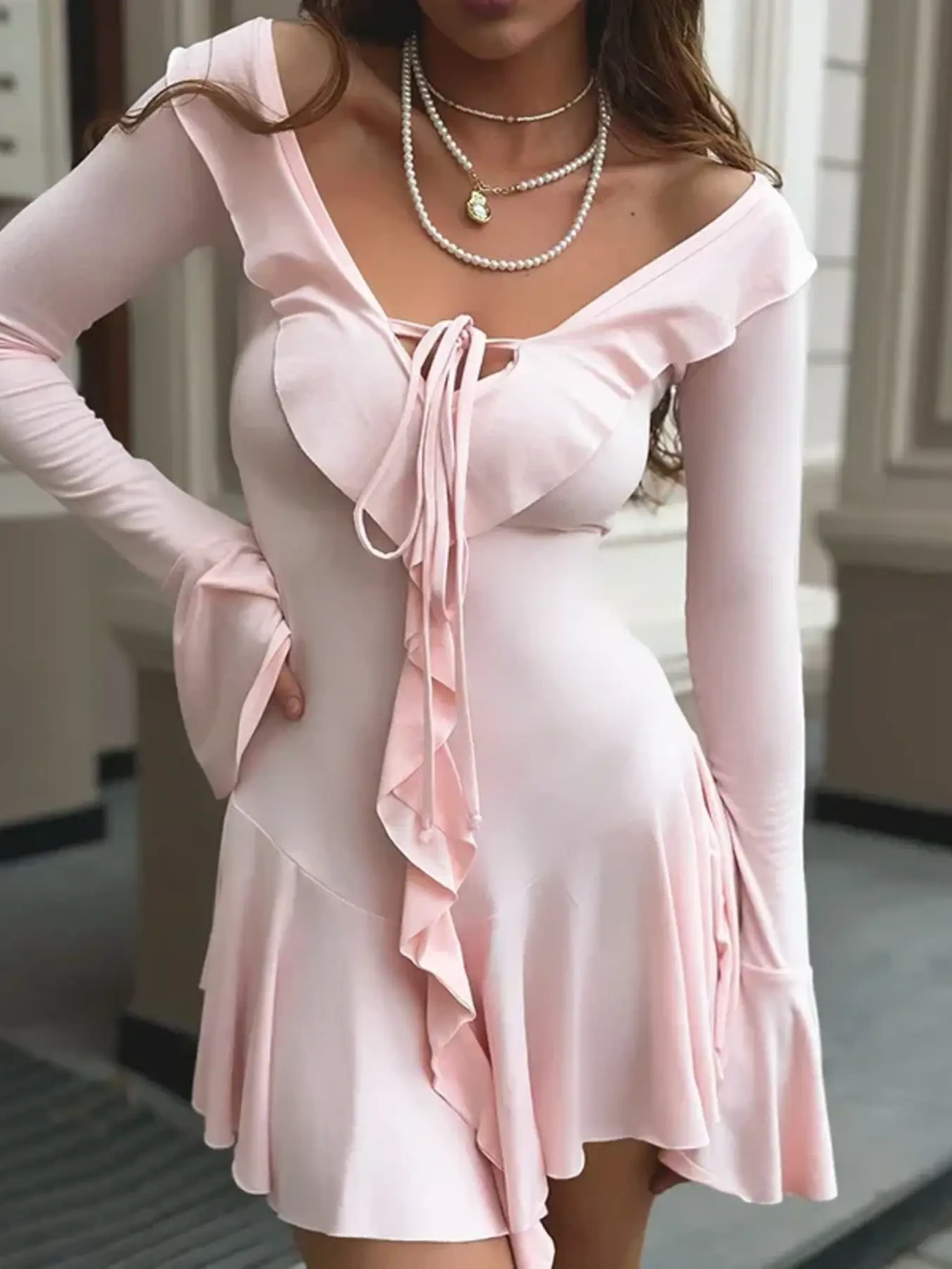 Ruffle V-Neck Flounce Sleeve Mini Dress, image 6
