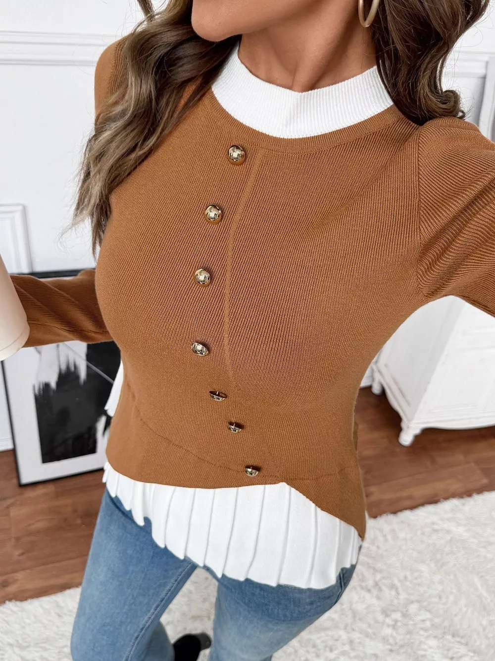 Decor Button Contrast Hem Knit Top, image 6