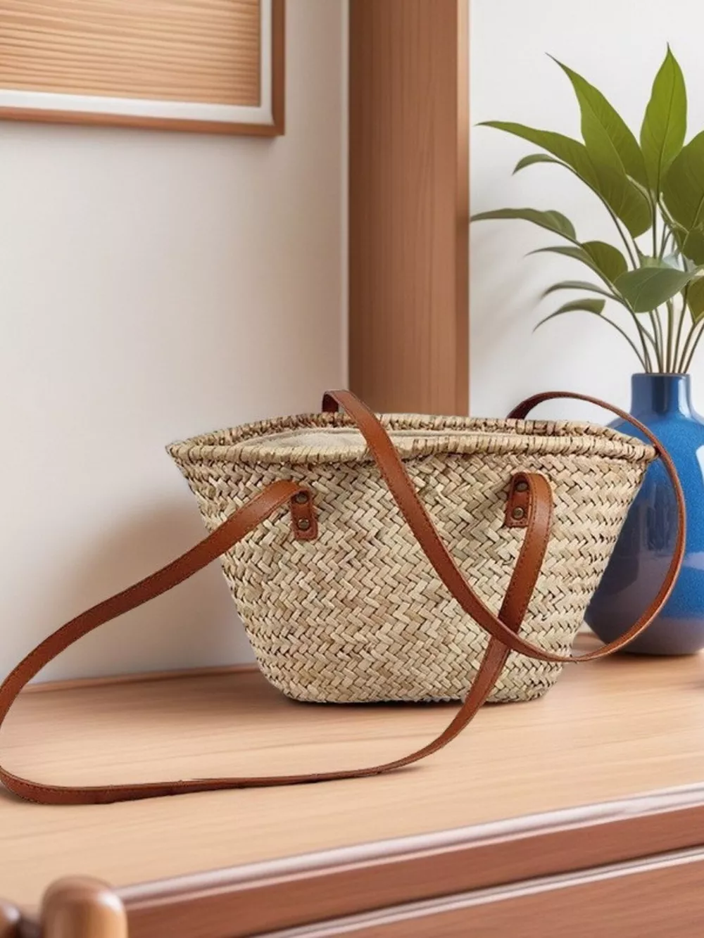 Woven Straw Shoulder Bag with Leather Accents, image 3