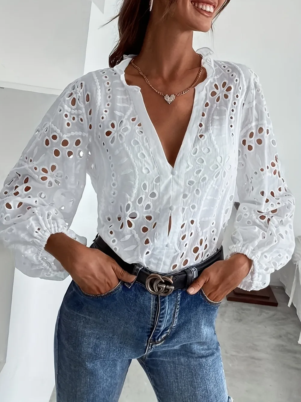 Eyelet Embroidered Button Front Shirt with Puffed Sleeves, image 4
