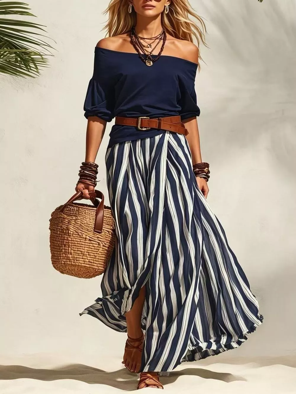 Off Shoulder Top and Striped Maxi Skirt Set, image 2