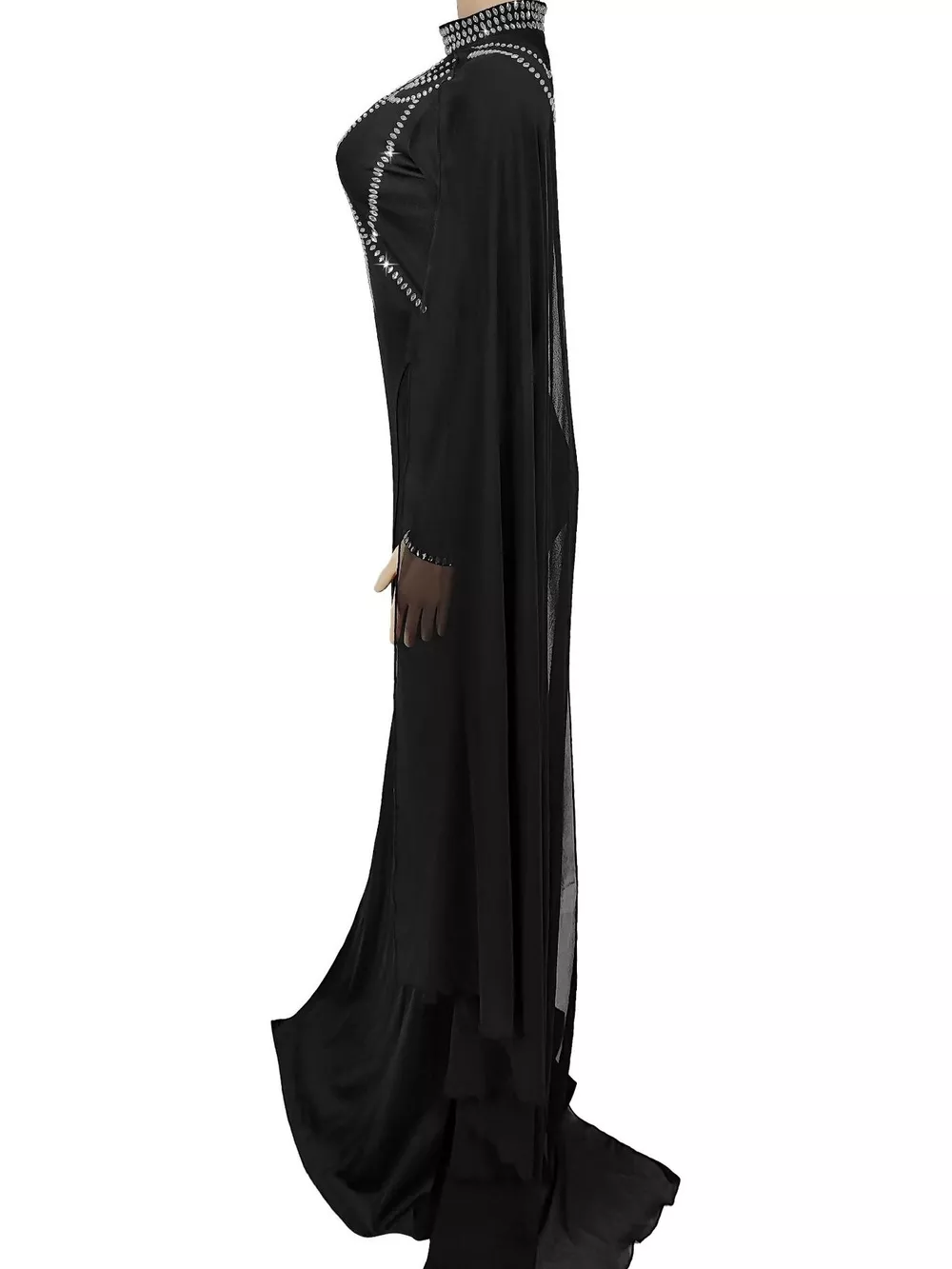 Rhinestone Slit Maxi Dress with Sheer Cape Sleeves, image 6