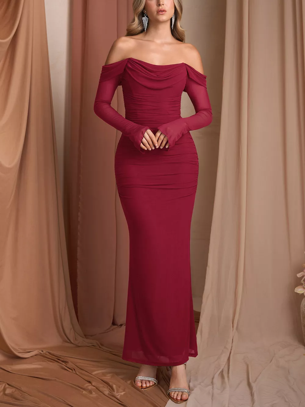 Off-Shoulder Ruched Mermaid Maxi Dress, image 5