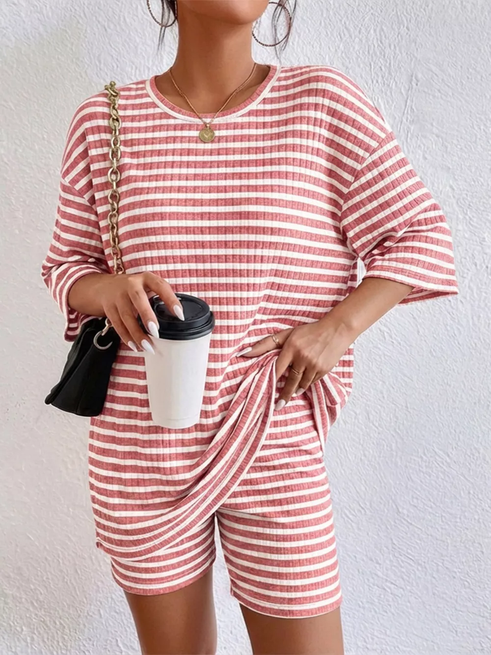 Striped Round Neck Top and Shorts Set, image 3