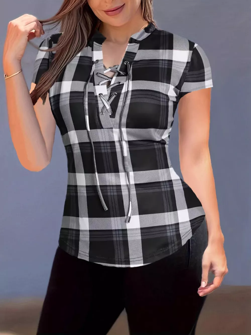 Plaid Lace-Up Short Sleeve Blouse