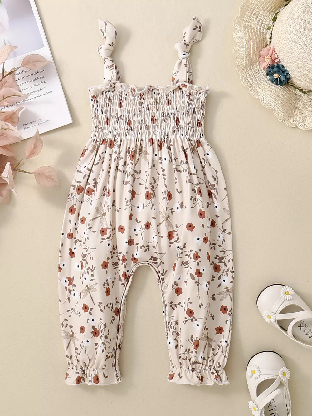Children's Floral Print Smocked Jumpsuit
