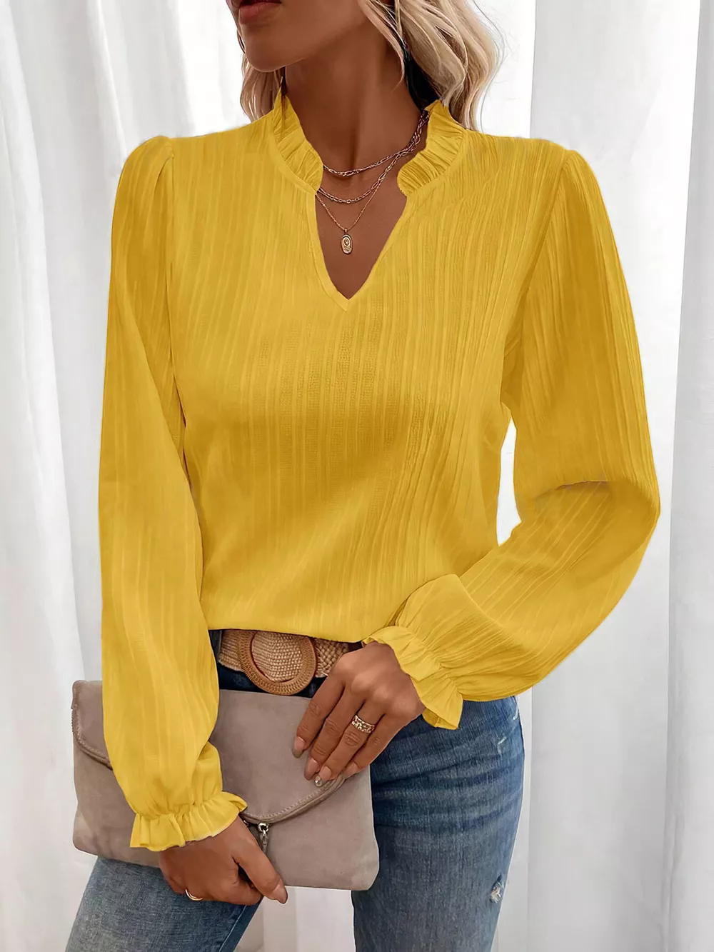 Ruffle Notched Long Sleeve Blouse, image 2