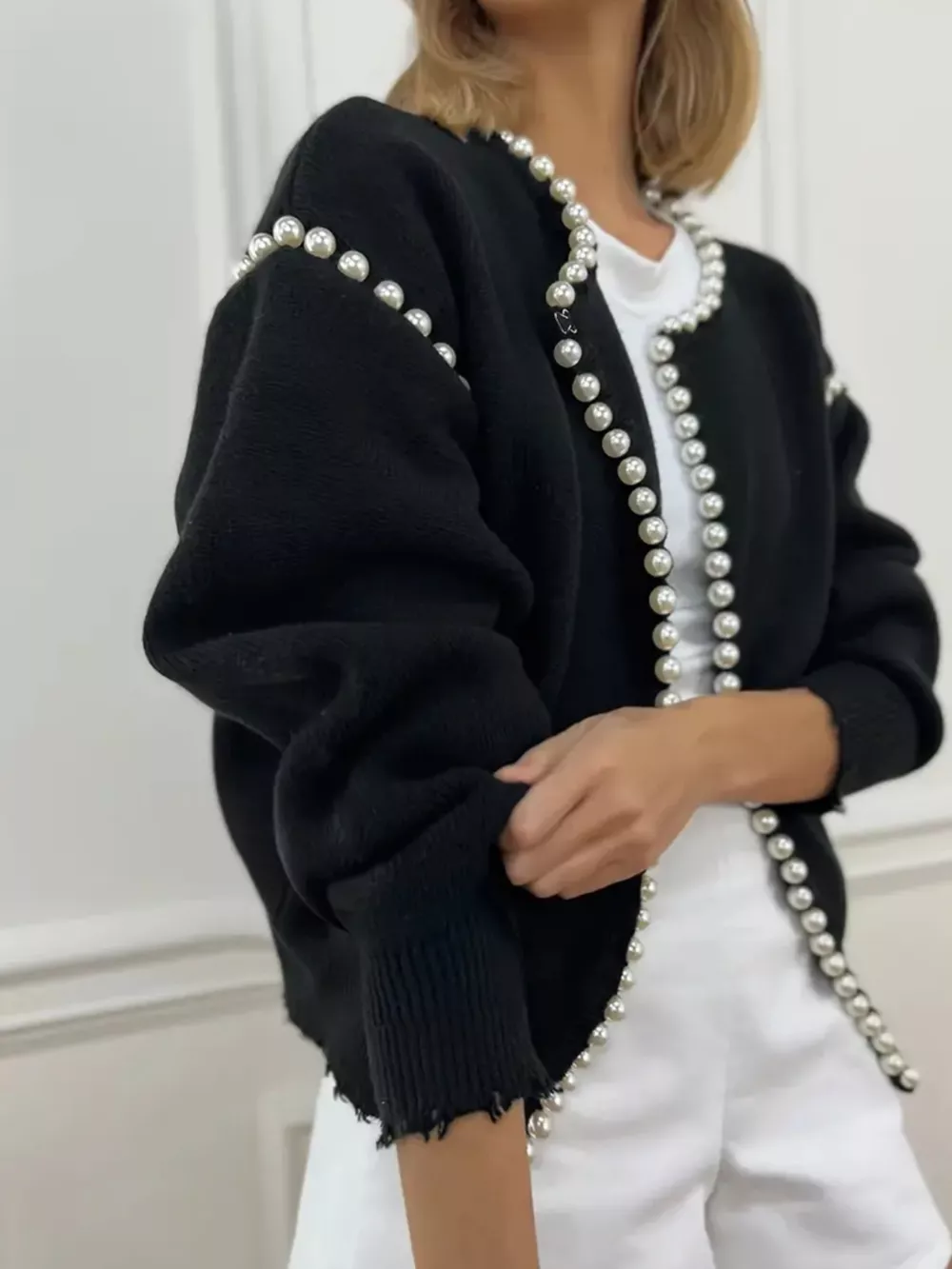 Pearl Trimmed Open Front Cardigan, image 3