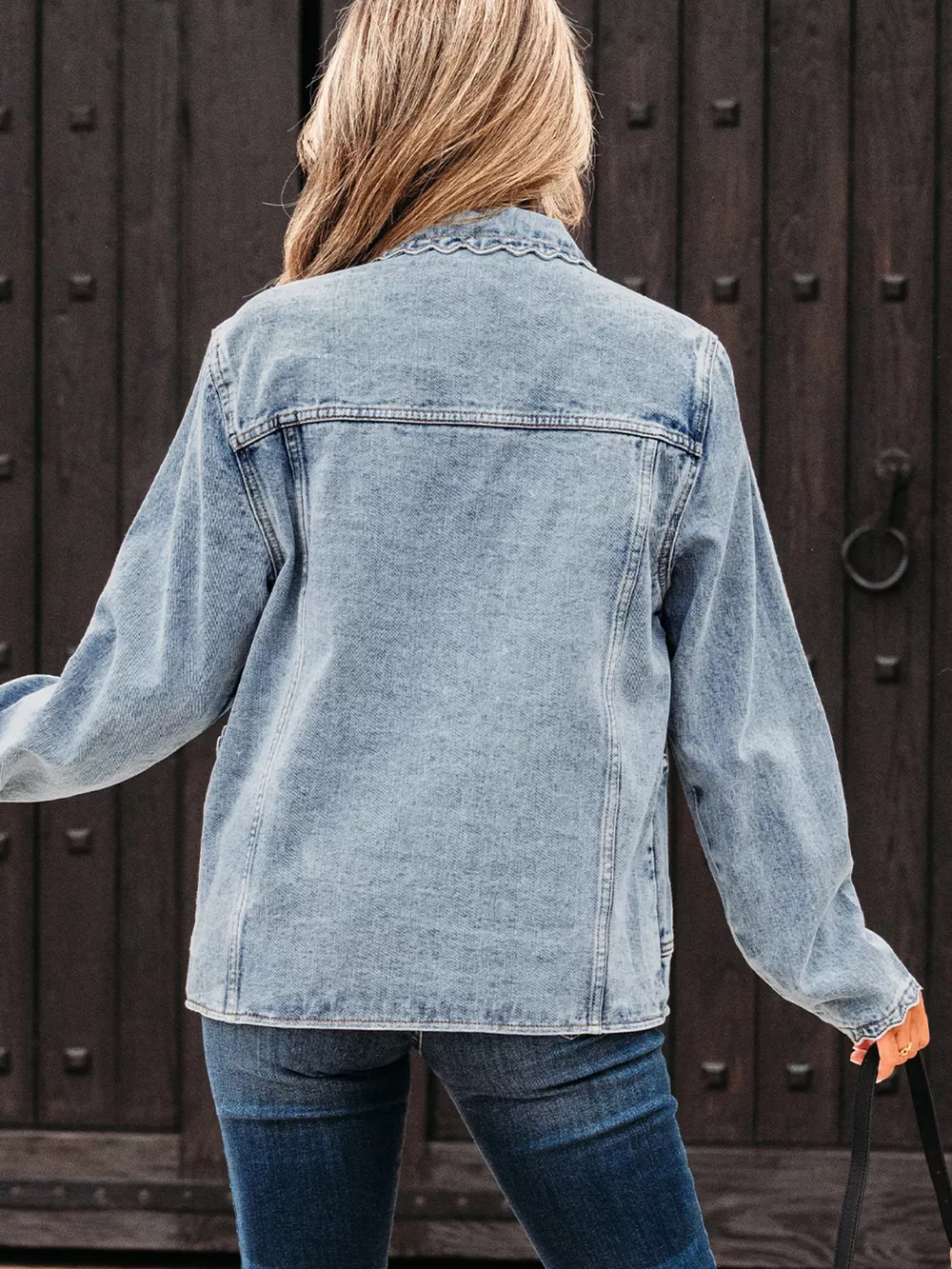 Scallop Trim Collar Patched Pocket Button Up Denim Jacket, image 4
