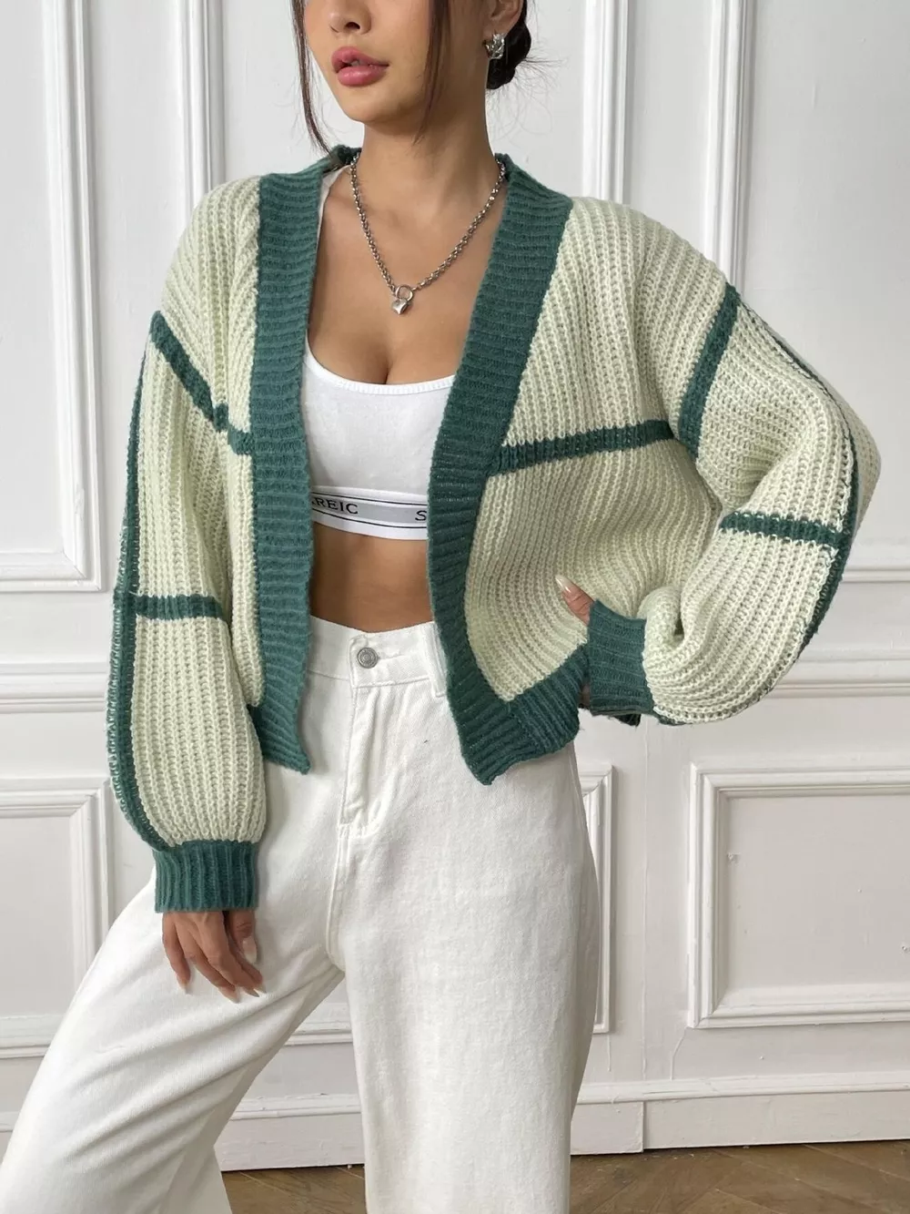 Color-Block Ribbed Knit Open-Front Cropped Cardigan, image 12