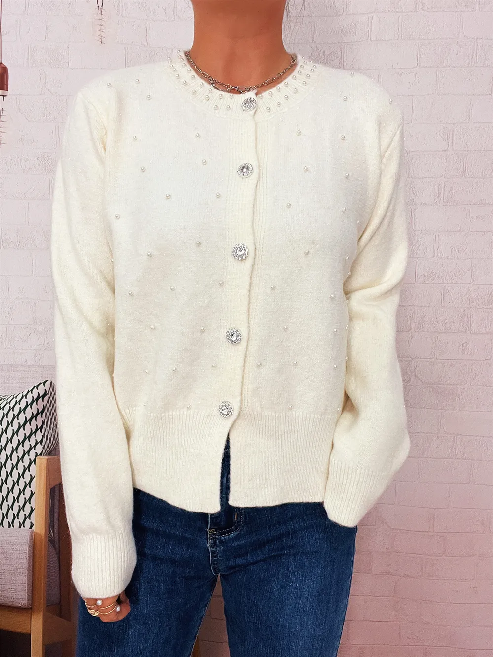 Pearl Detail Button-Front Cardigan, image 20