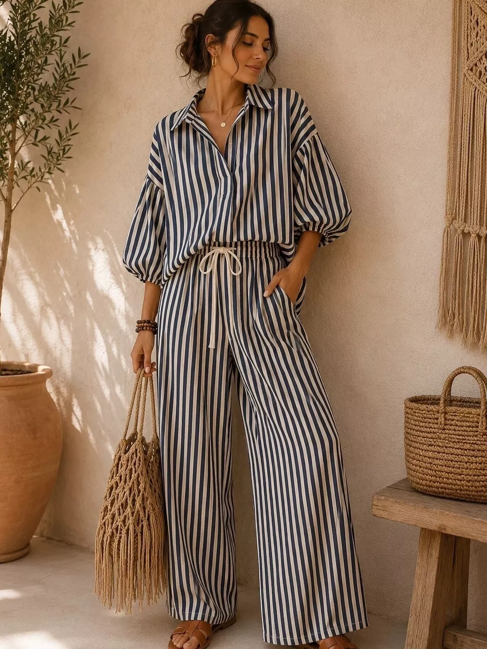 Full Size Striped Relaxed Fit Shirt and Wide-Leg Pants Set Plus Size
