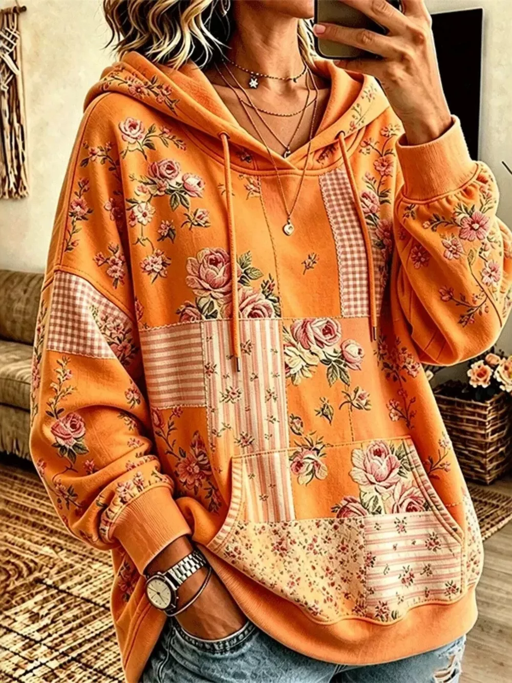 Full Size Drawstring Floral Dropped Shoulder Hoodie Plus Size, image 5