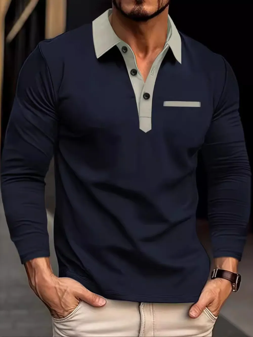 Men's Full Size Long Sleeve Contrast Collar Polo Shirt Plus Size, image 3