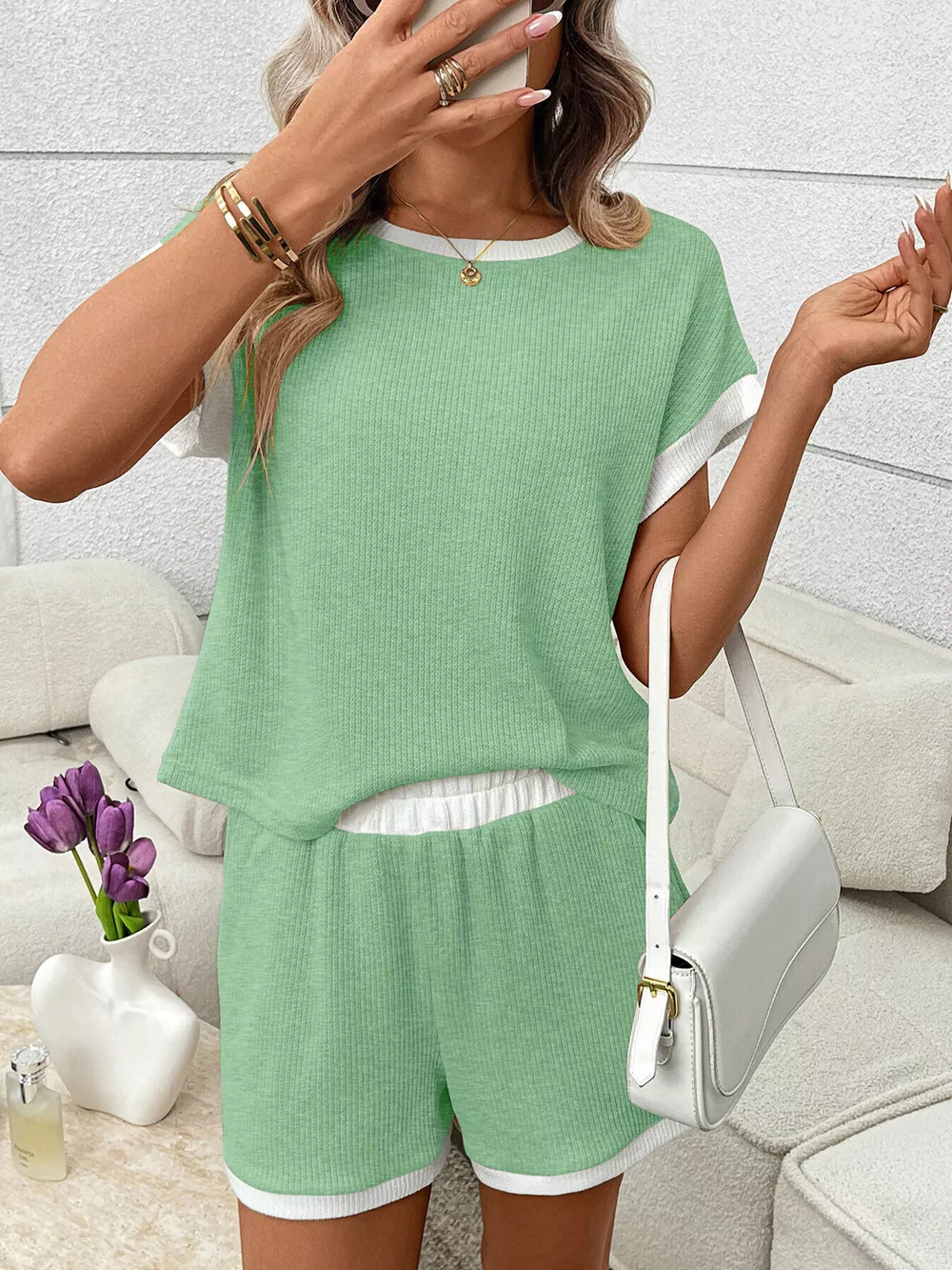 Contrast Trim Short Sleeve Top and Shorts Set, image 16