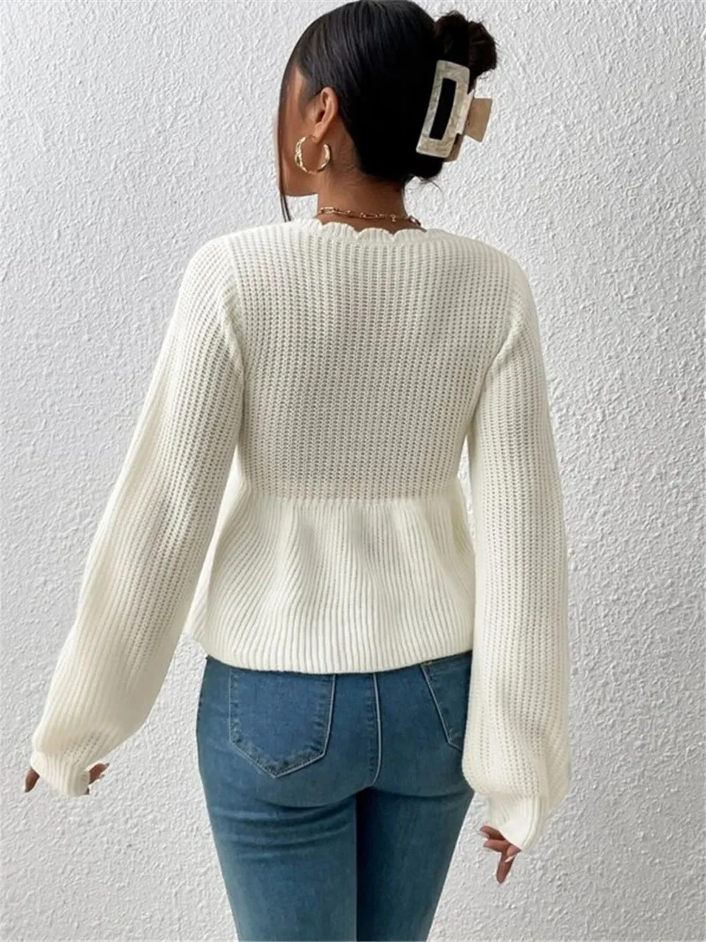 Scalloped V-Neck Drawstring Knit Top, image 3