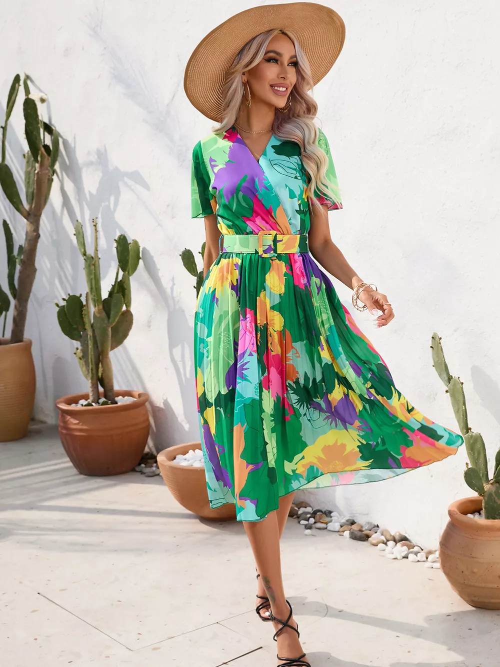 Pleated Tropical Print Belted Midi Dress, image 14