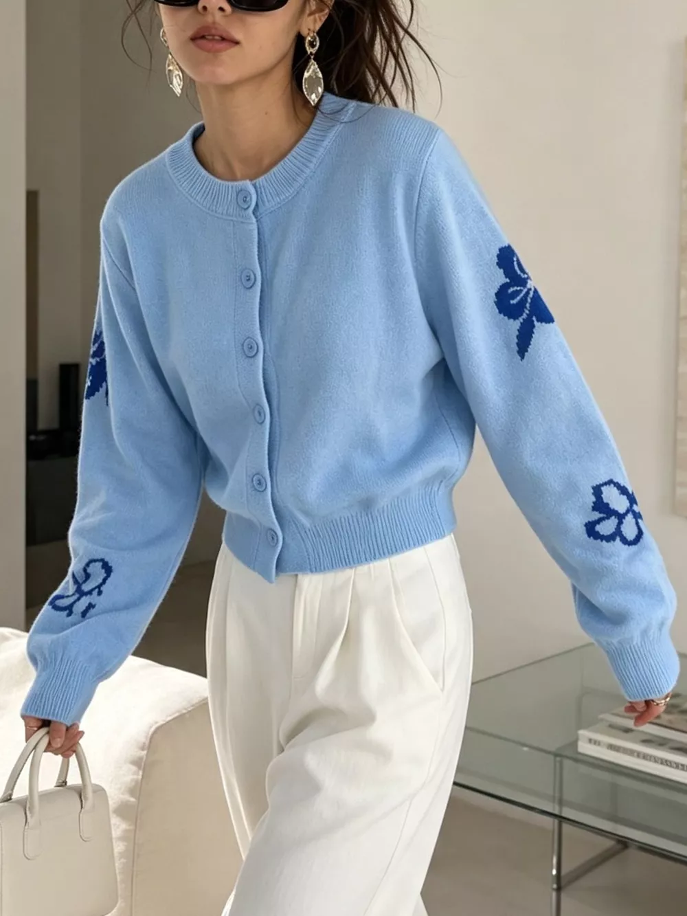 Floral Crew Neck Cropped Knit Cardigan, image 4