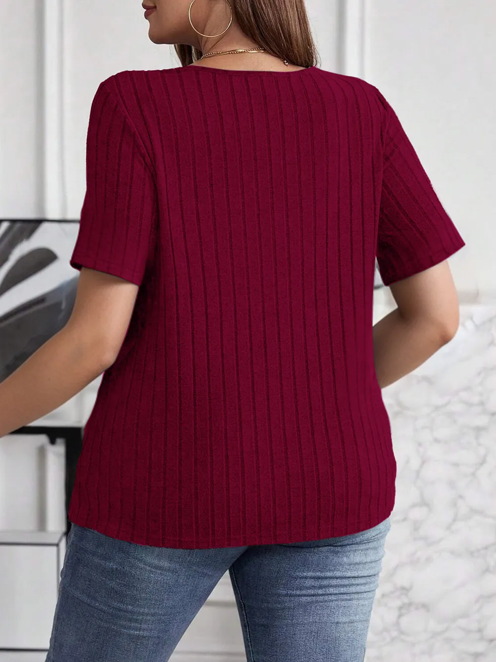 Plus Size V-Neck Short Sleeve Ribbed T-Shirt, image 6