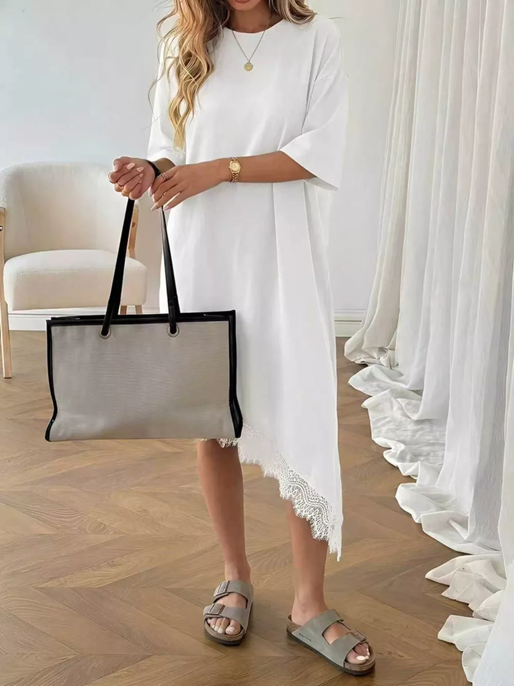 Lace Trim Asymmetrical Hem T-shirt Dress, image 5