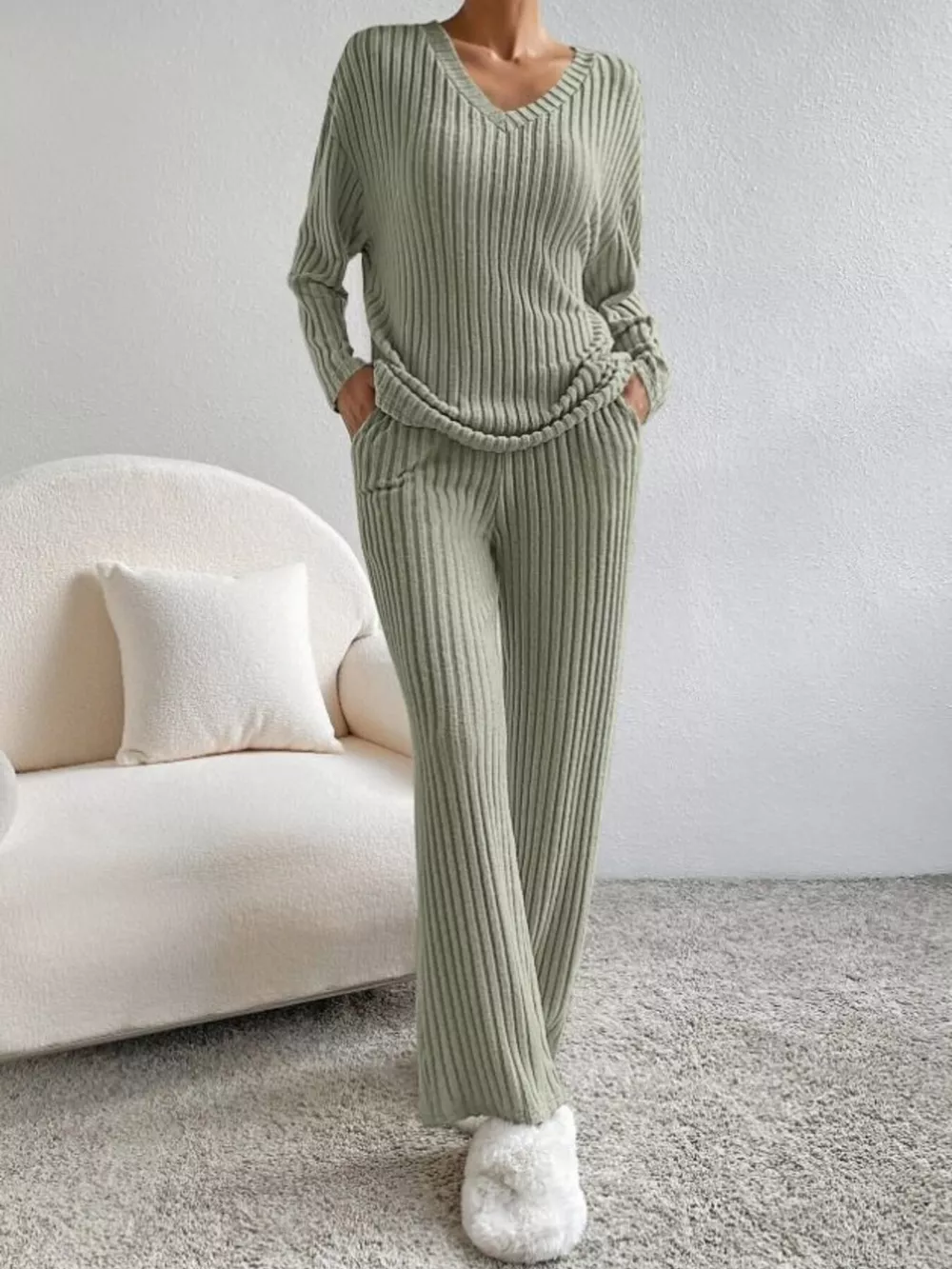 Ribbed Knit V-Neck Top and Pants Set, image 9
