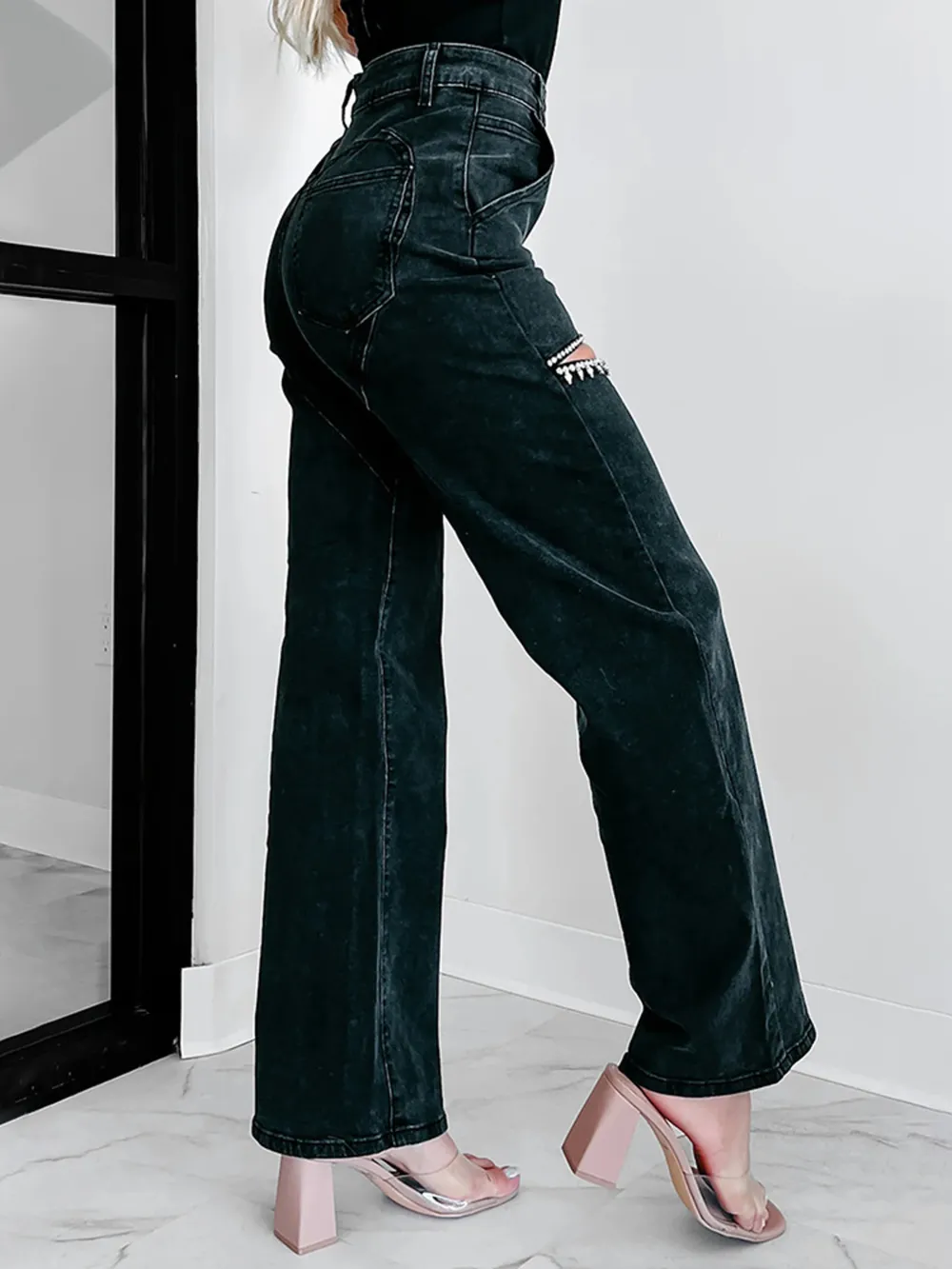 Ripped Wide Leg Wash Denim Jeans, image 3