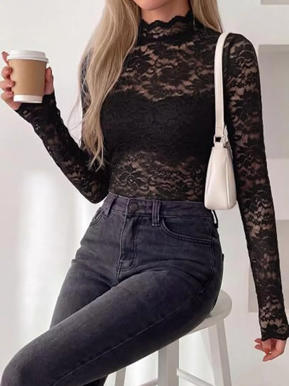 Mock Neck Floral Lace Long Sleeve Blouse, image 15