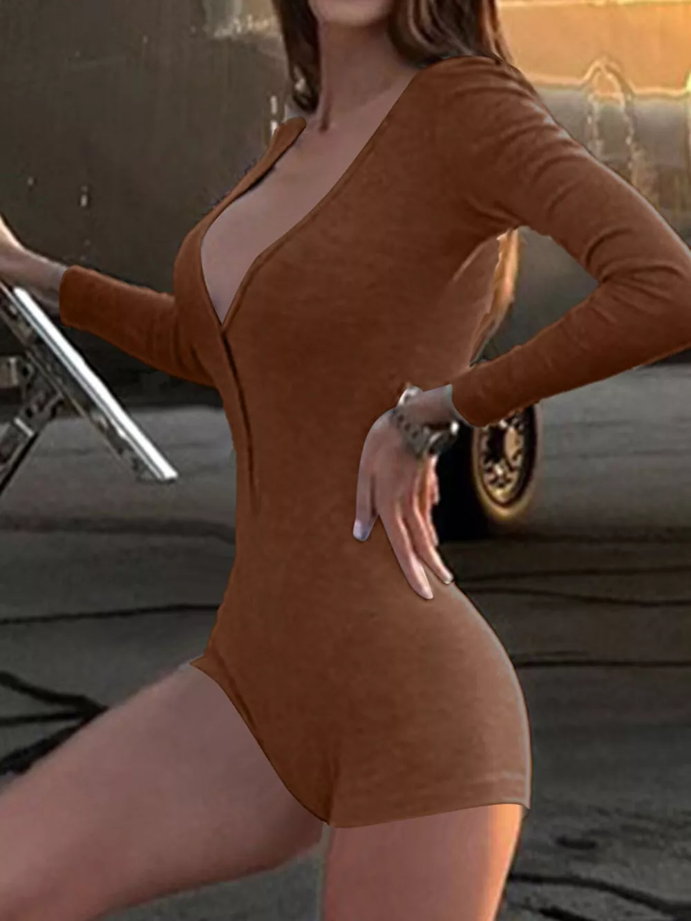 Deep V-Neck Long Sleeve Romper, image 9