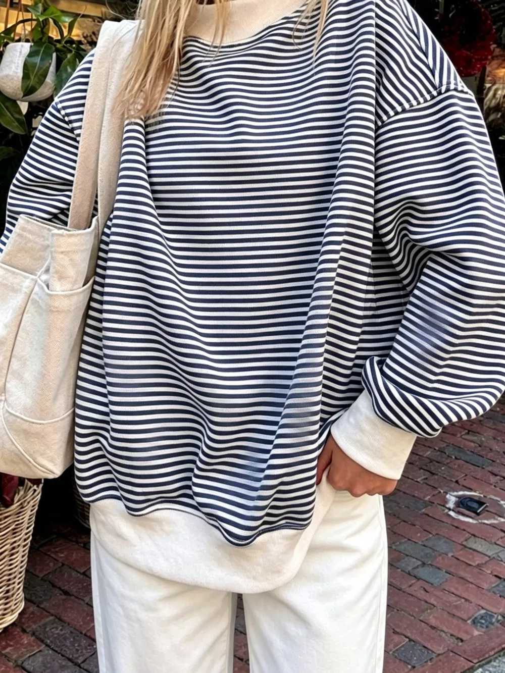Oversized Striped Crew Neck Sweatshirt, image 2
