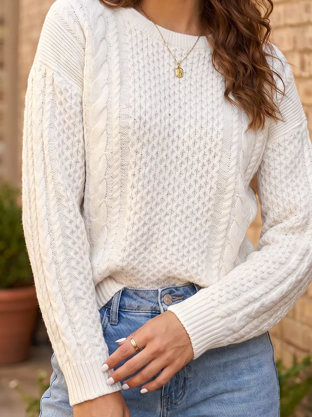 Solid Color Cable Detail Knit Loose Round Neck Sweater, image 6