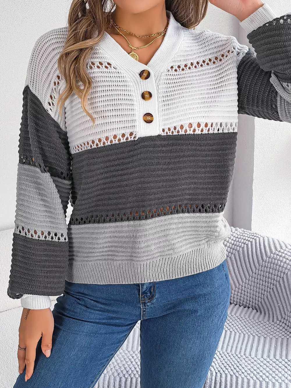 Color Block Striped V-Neck Button Detail Sweater, image 9