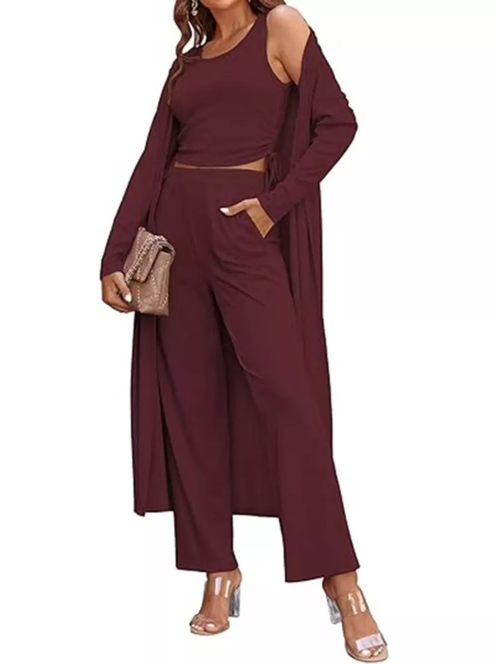 Round Neck Tank & Cardigan & Pants Set, image 11