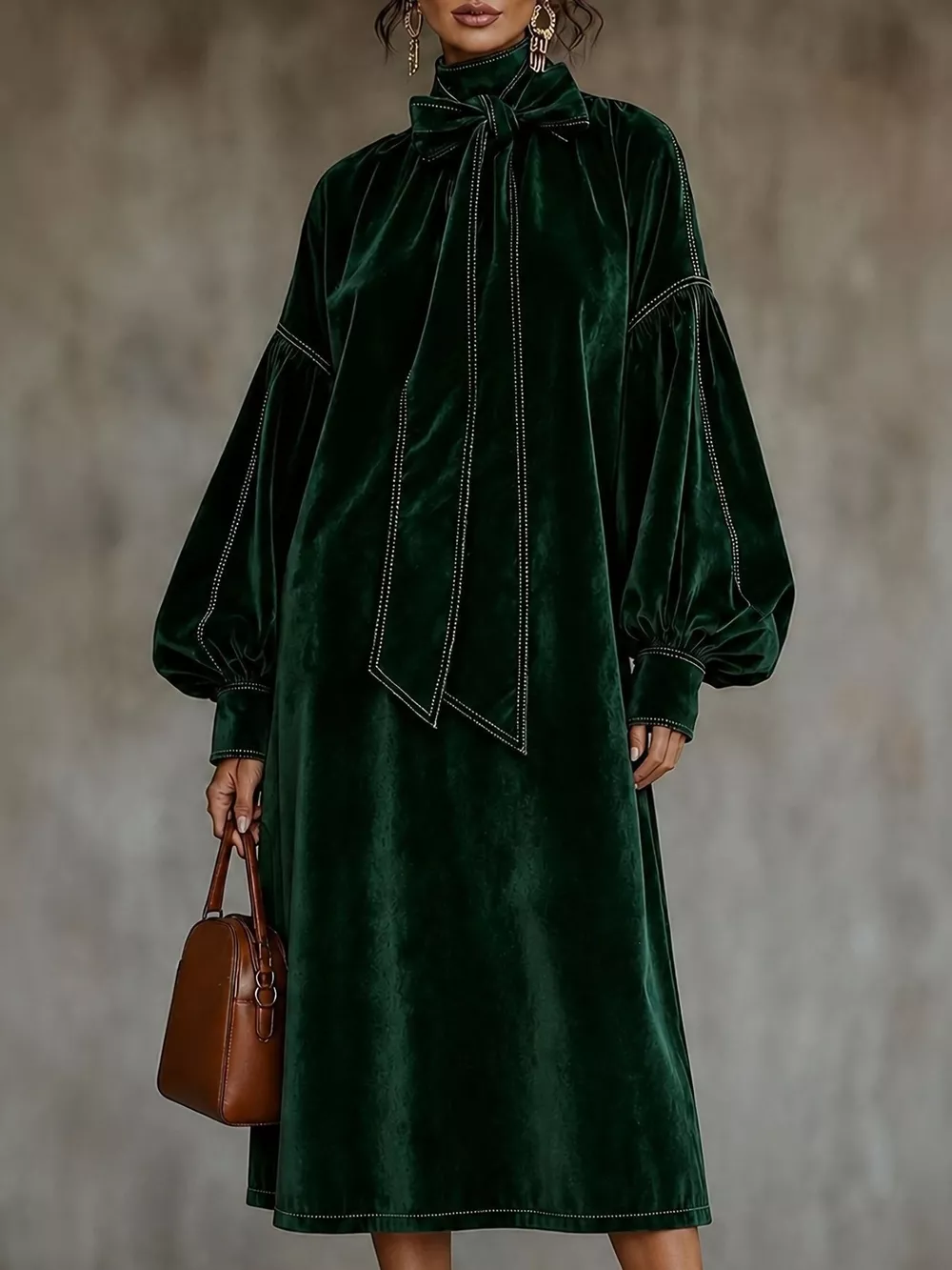 Full Size Velvet Tie-Neck Lantern Sleeve Midi Dress Plus Size, image 10