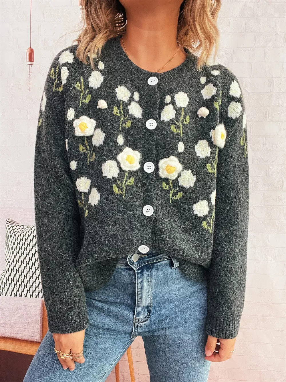 Flower Button Up Long Sleeve Cardigan, image 9