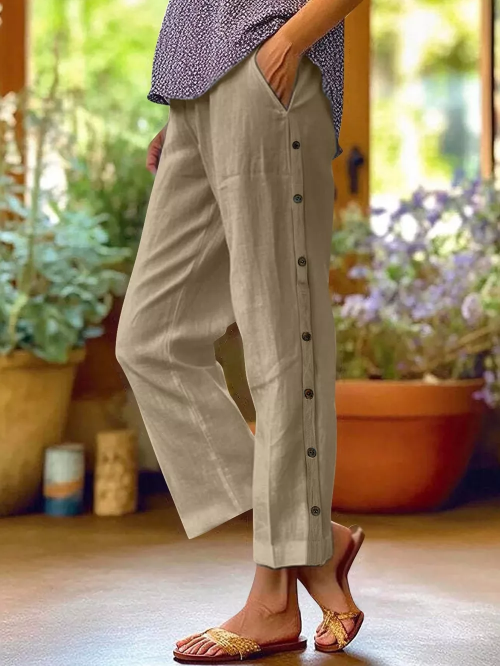 Full Size Side Button Decor Pants Plus Size, image 6