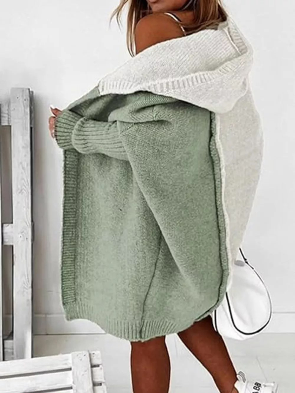 Two-Tone Open Front Knit Hooded Cardigan, image 8